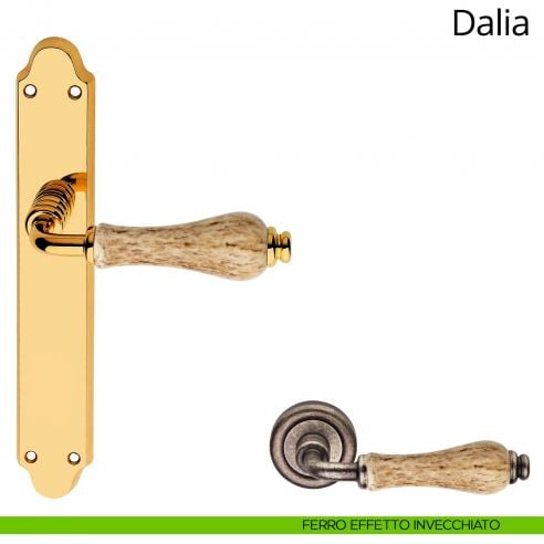 Maniglia porcellana maculata con placca per porta Dalia Linea Calì cieca ferro effetto invecchiato