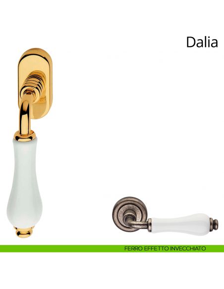 Maniglia con porcellana bianca per finestra martellina DK Dalia Linea Calì ferro effetto invecchiato