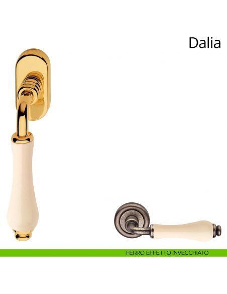 Maniglia con porcellana avorio per finestra martellina DK Dalia Linea Calì ferro effetto invecchiato