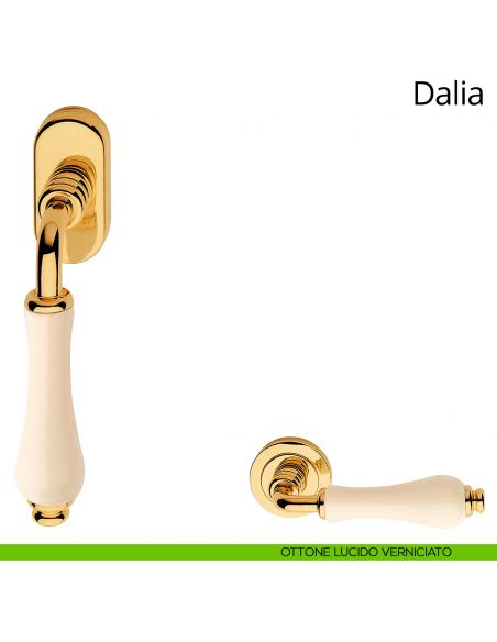 Maniglia con porcellana avorio per finestra martellina DK Dalia Linea Calì ottone lucido verniciato