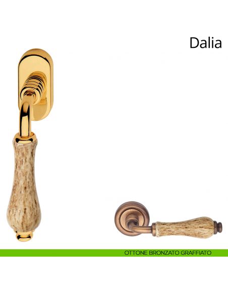 Maniglia con porcellana maculata per finestra martellina DK Dalia Linea Calì ottone bronzato graffiato