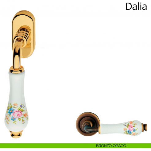 Maniglia con porcellana bianca decorata per finestra martellina DK Dalia Linea Calì bronzo opaco