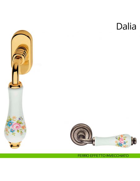 Maniglia con porcellana bianca decorata per finestra martellina DK Dalia Linea Calì ferro effetto invecchiato