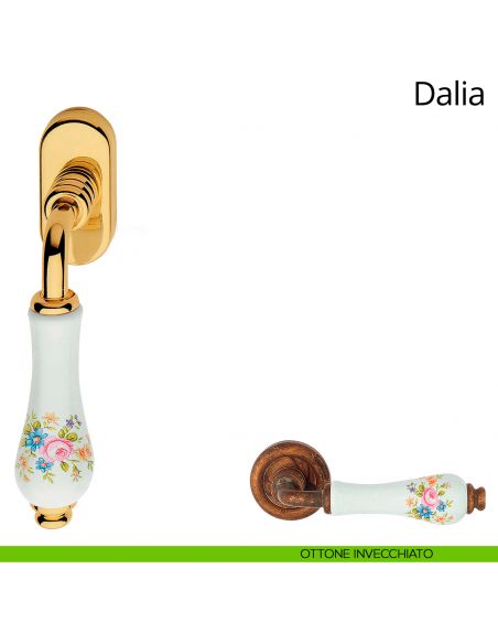 Maniglia con porcellana bianca decorata per finestra martellina DK Dalia Linea Calì ottone invecchiato
