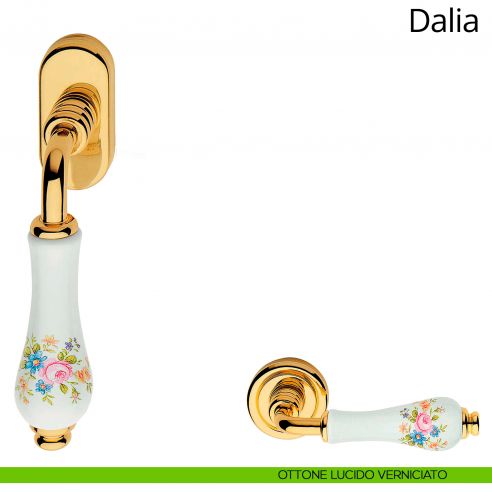 Maniglia con porcellana bianca decorata per finestra martellina DK Dalia Linea Calì ottone lucido verniciato