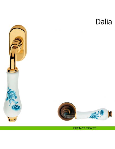 Maniglia con porcellana bianca fiori blu per finestra martellina DK Dalia Linea Calì bronzo opaco
