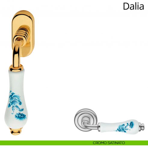 Maniglia con porcellana bianca fiori blu per finestra martellina DK Dalia Linea Calì cromo satinato