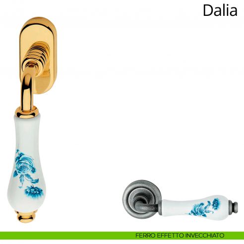 Maniglia con porcellana bianca fiori blu per finestra martellina DK Dalia Linea Calì ferro effetto invecchiato