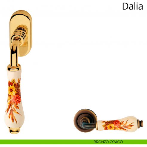 Maniglia con porcellana avorio fiorata per finestra martellina DK Dalia Linea Calì bronzo opaco