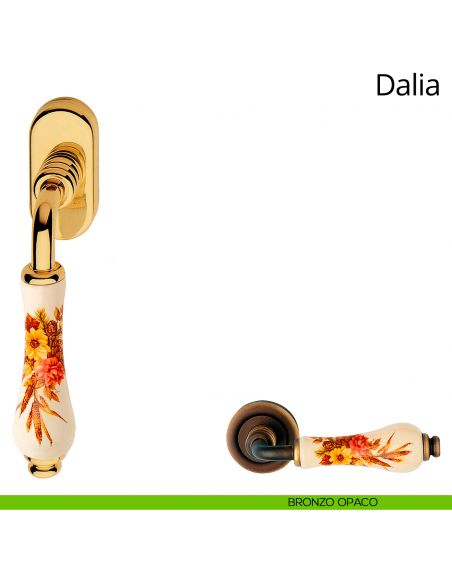 Maniglia con porcellana avorio fiorata per finestra martellina DK Dalia Linea Calì bronzo opaco