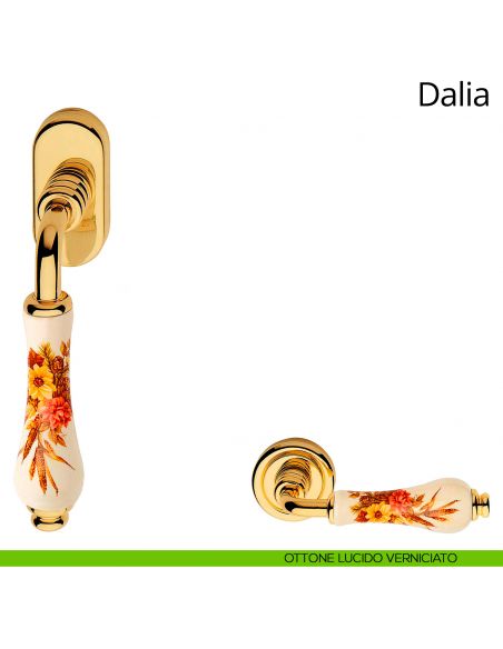 Maniglia con porcellana avorio fiorata per finestra martellina DK Dalia Linea Calì ottone lucido verniciato