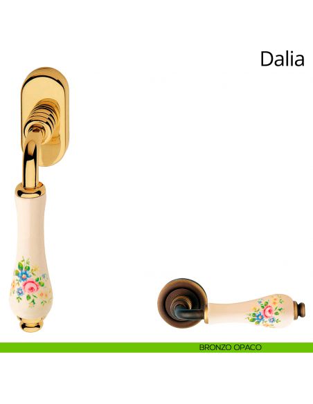 Maniglia con porcellana avorio fiorata per finestra martellina DK Dalia Linea Calì bronzo opaco