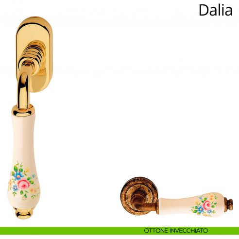 Maniglia con porcellana avorio fiorata per finestra martellina DK Dalia Linea Calì ottone invecchiato