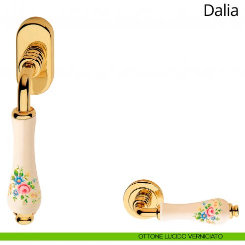 Maniglia con porcellana avorio fiorata per finestra martellina DK Dalia Linea Calì ottone lucido verniciato
