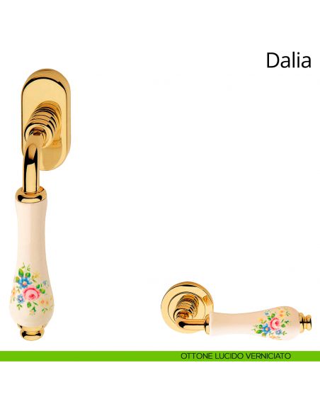 Maniglia con porcellana avorio fiorata per finestra martellina DK Dalia Linea Calì ottone lucido verniciato