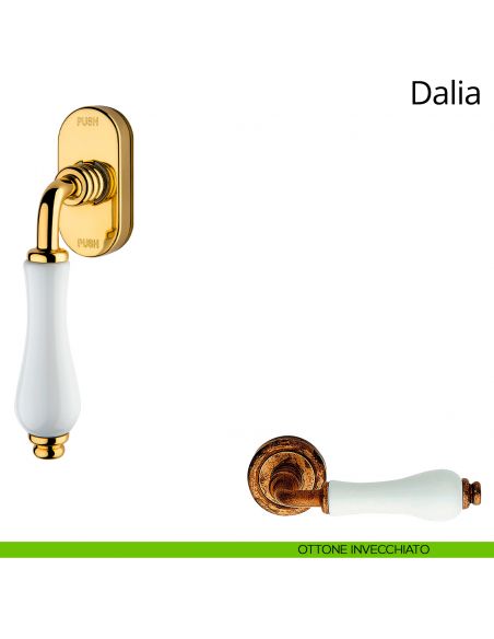 Maniglia porcellana bianca per finestra martellina DK antintrusione Dalia Linea Calì ottone invecchiato