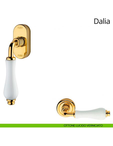 Maniglia porcellana bianca per finestra martellina DK antintrusione Dalia Linea Calì ottone lucido verniciato