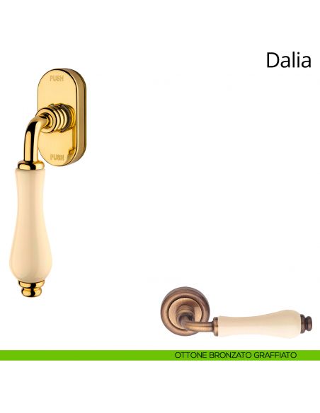Maniglia porcellana avorio per finestra martellina DK antintrusione Dalia Linea Calì ottone bronzato graffiato