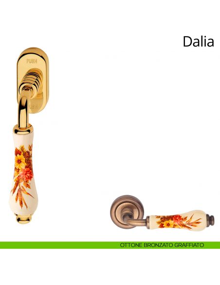 Maniglia porcellana avorio decorata per finestra martellina DK antintrusione Dalia Linea Calì ottone bronzato graffiato