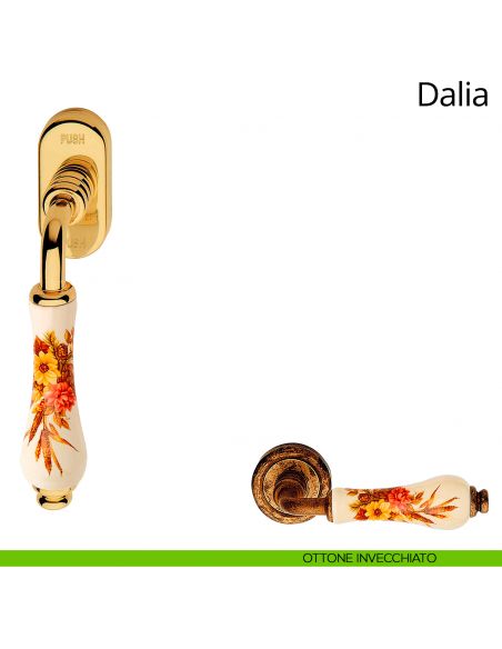 Maniglia porcellana avorio decorata per finestra martellina DK antintrusione Dalia Linea Calì ottone invecchiato
