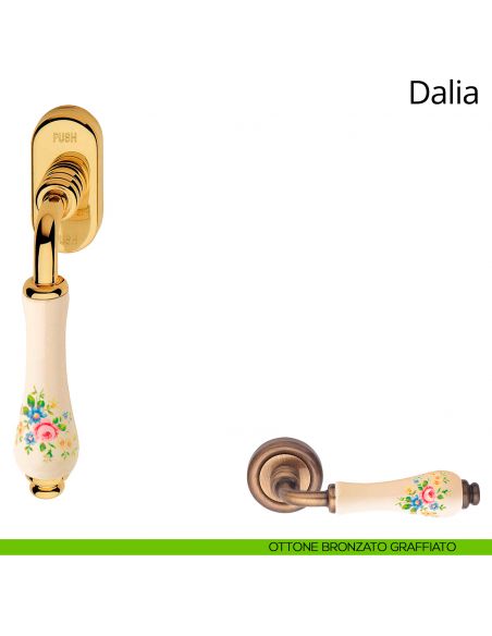 Maniglia porcellana avorio fiorata per finestra martellina DK antieffrazione Dalia Linea Calì ottone bronzato graffiato
