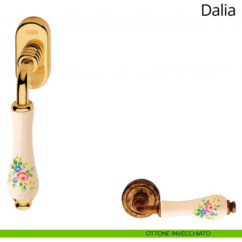 Maniglia porcellana avorio fiorata per finestra martellina DK antieffrazione Dalia Linea Calì ottone invecchiato