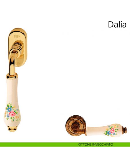 Maniglia porcellana avorio fiorata per finestra martellina DK antieffrazione Dalia Linea Calì ottone invecchiato