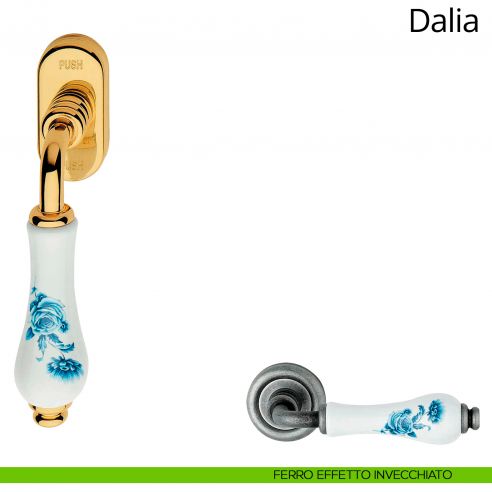 Maniglia porcellana bianca fiore blu per finestra martellina DK antieffrazione Dalia Linea Calì ferro effetto invecchiato