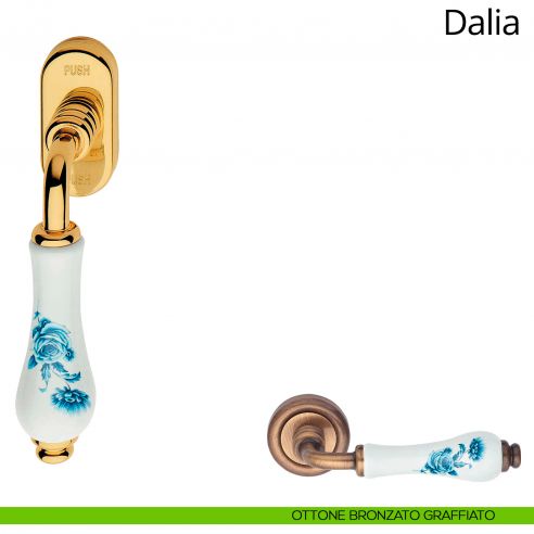 Maniglia porcellana bianca fiore blu per finestra martellina DK antieffrazione Dalia Linea Calì ottone bronzato graffiato