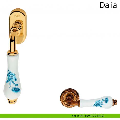 Maniglia porcellana bianca fiore blu per finestra martellina DK antieffrazione Dalia Linea Calì ottone anticato