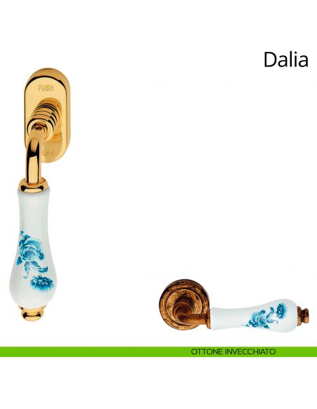 Maniglia porcellana bianca fiore blu per finestra martellina DK antieffrazione Dalia Linea Calì ottone anticato