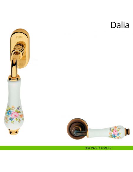 Maniglia porcellana bianca con fiori per finestra martellina DK antintrusione Dalia Linea Calì bronzo opaco