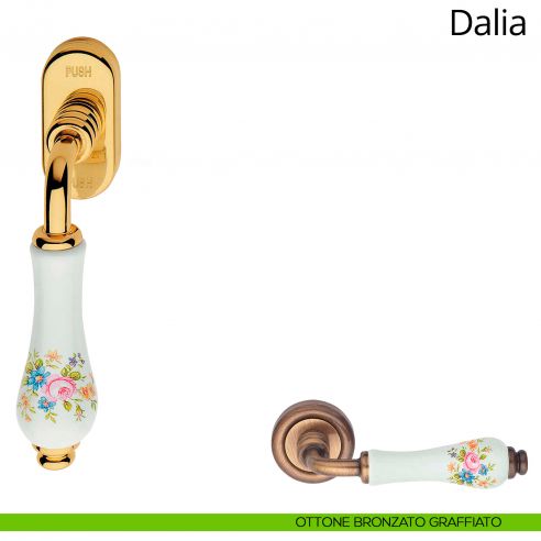 Maniglia porcellana bianca con fiori per finestra martellina DK antintrusione Dalia Linea Calì ottone bronzato graffiato