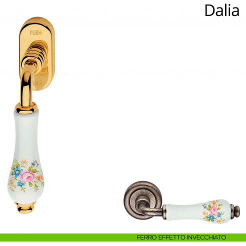 Maniglia porcellana bianca con fiori per finestra martellina DK antintrusione Dalia Linea Calì ferro effetto graffiato
