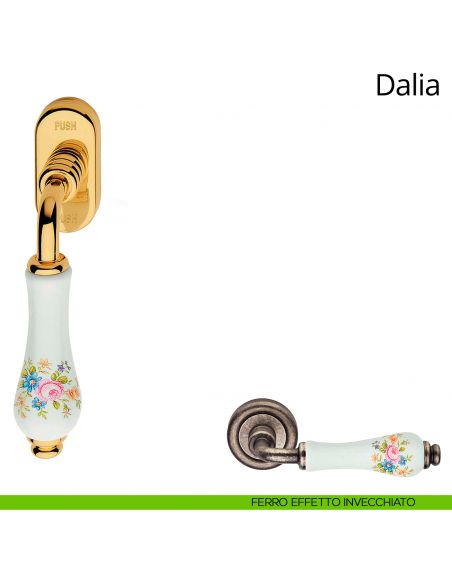 Maniglia porcellana bianca con fiori per finestra martellina DK antintrusione Dalia Linea Calì ferro effetto graffiato