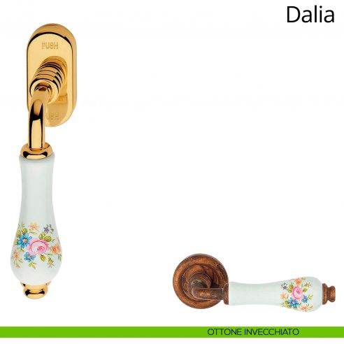 Maniglia porcellana bianca con fiori per finestra martellina DK antintrusione Dalia Linea Calì ottone anticato