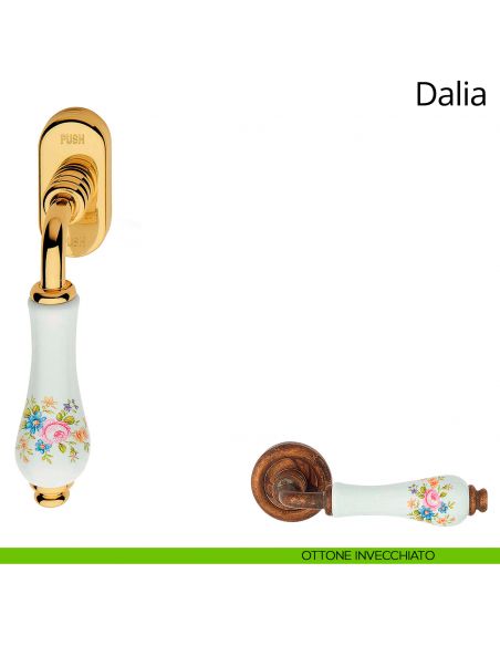 Maniglia porcellana bianca con fiori per finestra martellina DK antintrusione Dalia Linea Calì ottone anticato