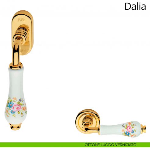 Maniglia porcellana bianca con fiori per finestra martellina DK antintrusione Dalia Linea Calì ottone lucido