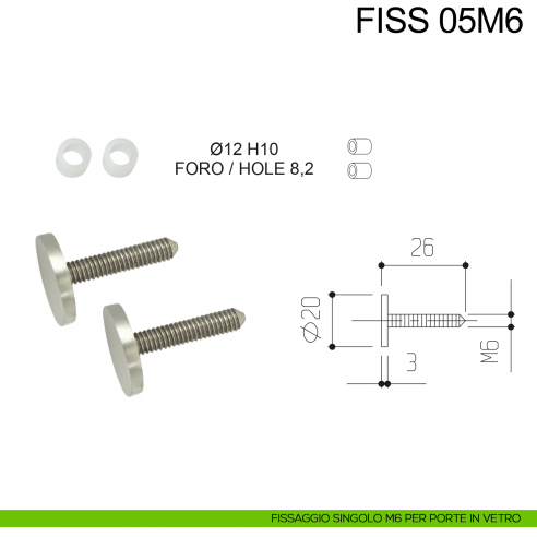 Kit fissaggio maniglione singolo M6 per porte in vetro Fimet Inox disegno