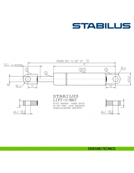 Pistone Stabilus Lift-o-Mat 550 Newton per movimento Vela Effegibrevetti disegno