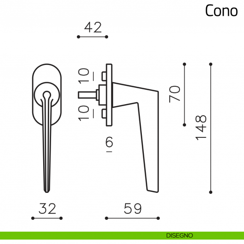 Maniglia per finestra martellina DK Cono Olivari disegno