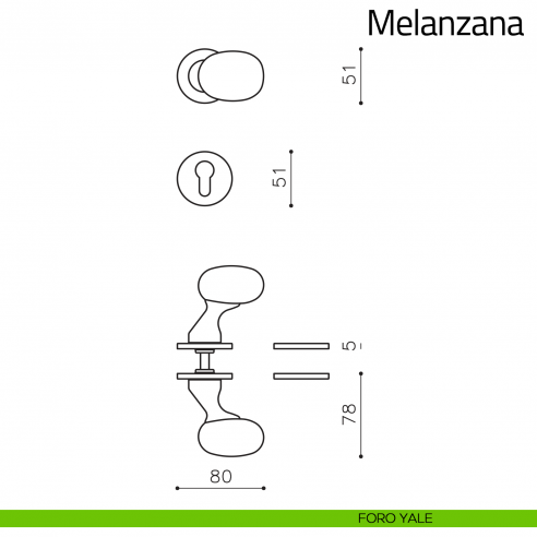 Maniglia per porta Melanzana Olivari disegno foro yale