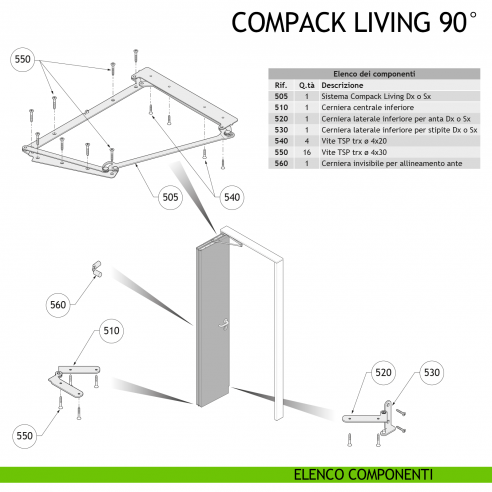 Sistema per porta pieghevole a libro Compack Living 90° Celegon componenti
