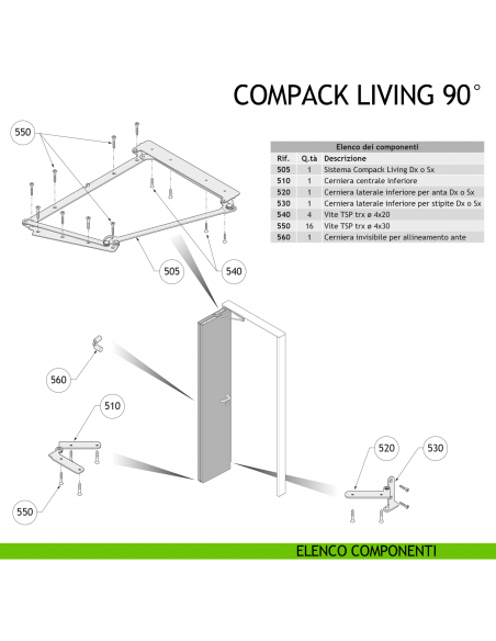 Sistema per porta pieghevole a libro Compack Living 90° Celegon componenti