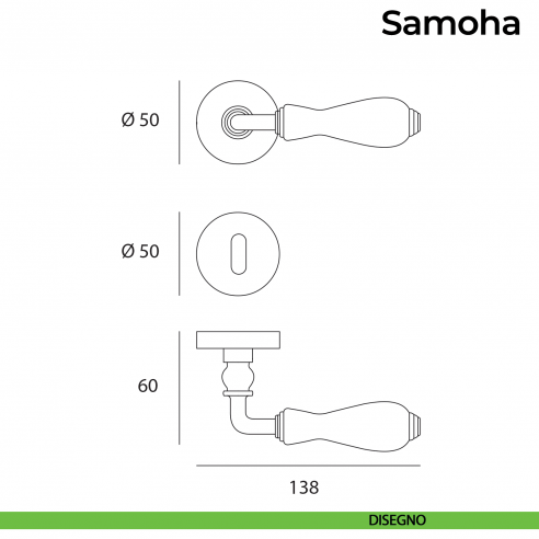 Maniglia per porta porcellana champagne e ottone lucido con rosetta Samoha Nestori disegno