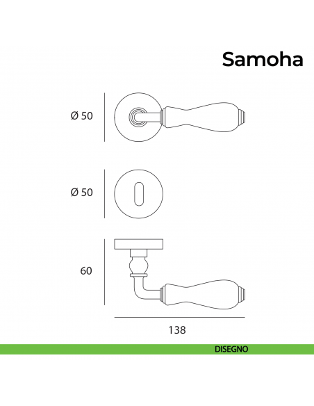 Maniglia per porta porcellana champagne e ottone lucido con rosetta Samoha Nestori disegno