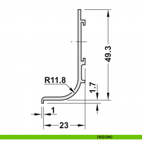 Maniglia profilo a gola montaggio tra piano di lavoro e frontale in alluminio per mobile Hafele disegno