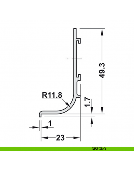 Maniglia profilo a gola montaggio tra piano di lavoro e frontale in alluminio per mobile Hafele disegno