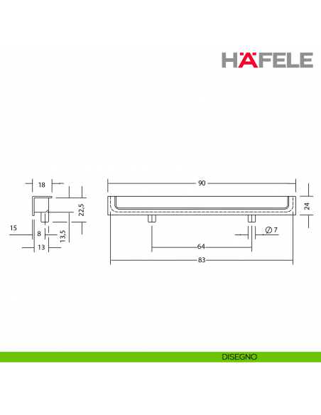 Maniglia rettangolare a incasso per mobile Hafele in Zama interasse 64