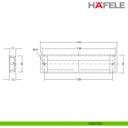 Maniglia ad incasso centrale in alluminio Hafele interasse 128